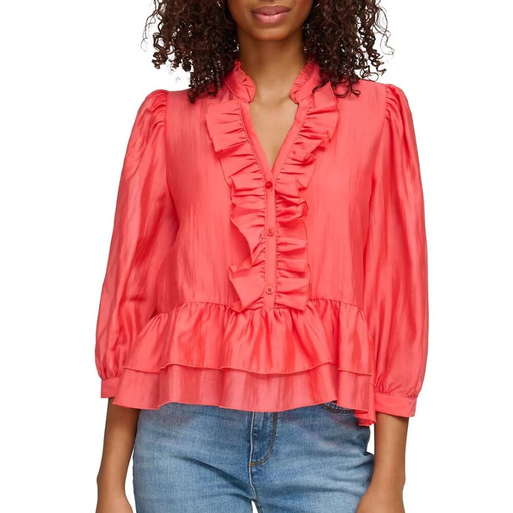 KARL LAGERFELD PARIS split-neck ruffled top Sz S - Picture 1 of 8